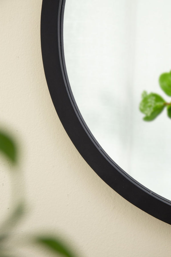 English Elm 19.5" Round Iron Wall Mirror with Rope Strap Hanger for Bathroom or Entryway Black W2078124341