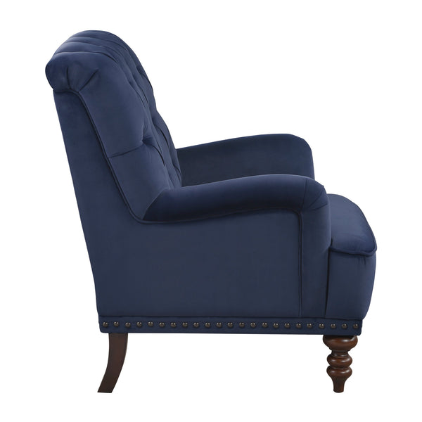 English Elm Luxurious Holland Park Button Tufted Velvet Accent Chair with Turned Legs and Nailhead Trim, Elegant Blue 34 L x 36.25 W x 31.75 H B011126019