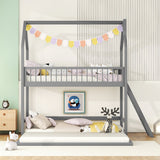 Hearth and Haven Sophiagra Twin over Twin House Bunk Bed with Extending Trundle and Ladder, Grey