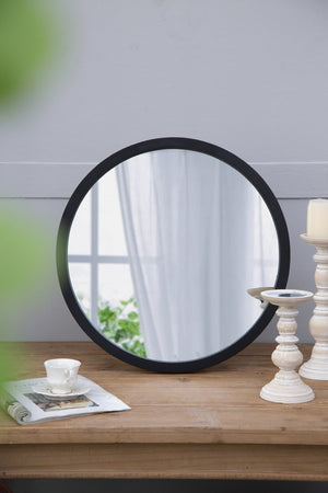 English Elm 19.5" Round Iron Wall Mirror with Rope Strap Hanger for Bathroom or Entryway Black W2078124341