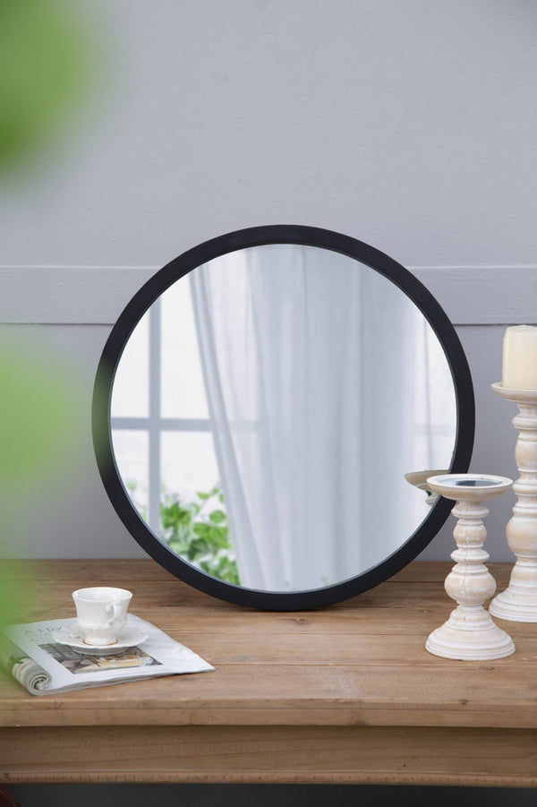 English Elm 19.5" Round Iron Wall Mirror with Rope Strap Hanger for Bathroom or Entryway Black W2078124341