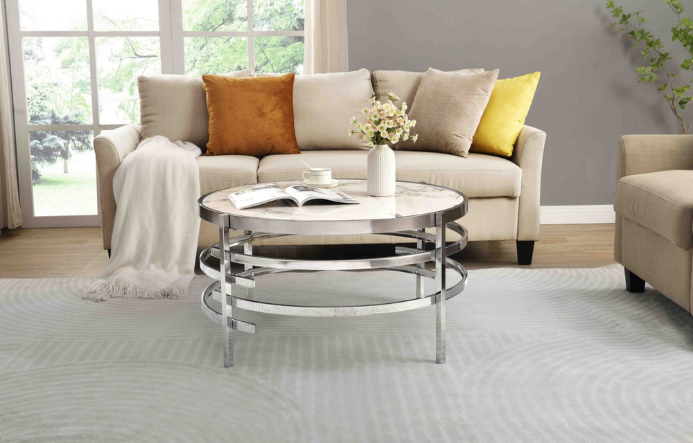 English Elm 32.48'' Round Sintered Stone Coffee Table with Polished Chrome Base for Living Room W821115001