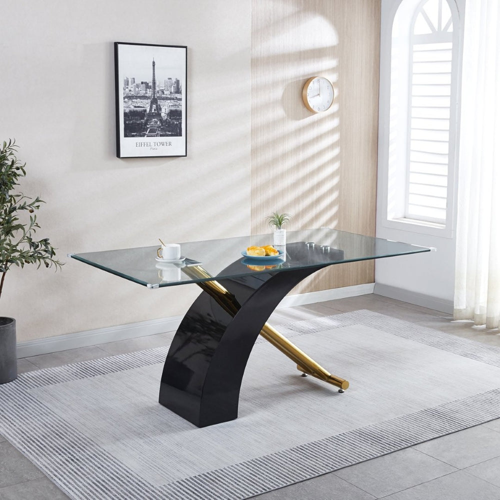 English Elm Stylish Glass Top Dining Table with Chrome Accents and Lacquer Base Seats Six W1311S00011