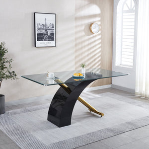 English Elm Stylish Glass Top Dining Table with Chrome Accents and Lacquer Base Seats Six W1311S00011