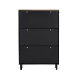 English Elm Narrow Design Tipping Bucket Shoe Cabinet With 3 Flip Drawers, Wood Grain Pattern Top Entryway Organizer With 3 Hooks, Free Standing Shoe Rack With Adjustable Panel For Hallway, Black