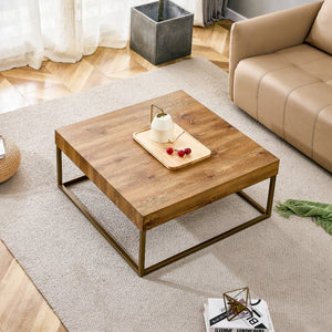 English Elm Modern Rectangular Coffee Table, Dining Table. Mdf Desktop With Metal Legs. Suitable For Restaurants and Living Rooms. The Size :31.5"*31.5"*14.37"