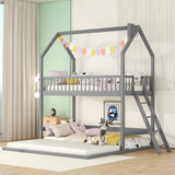 Hearth and Haven Sophiagra Twin over Twin House Bunk Bed with Extending Trundle and Ladder, Grey