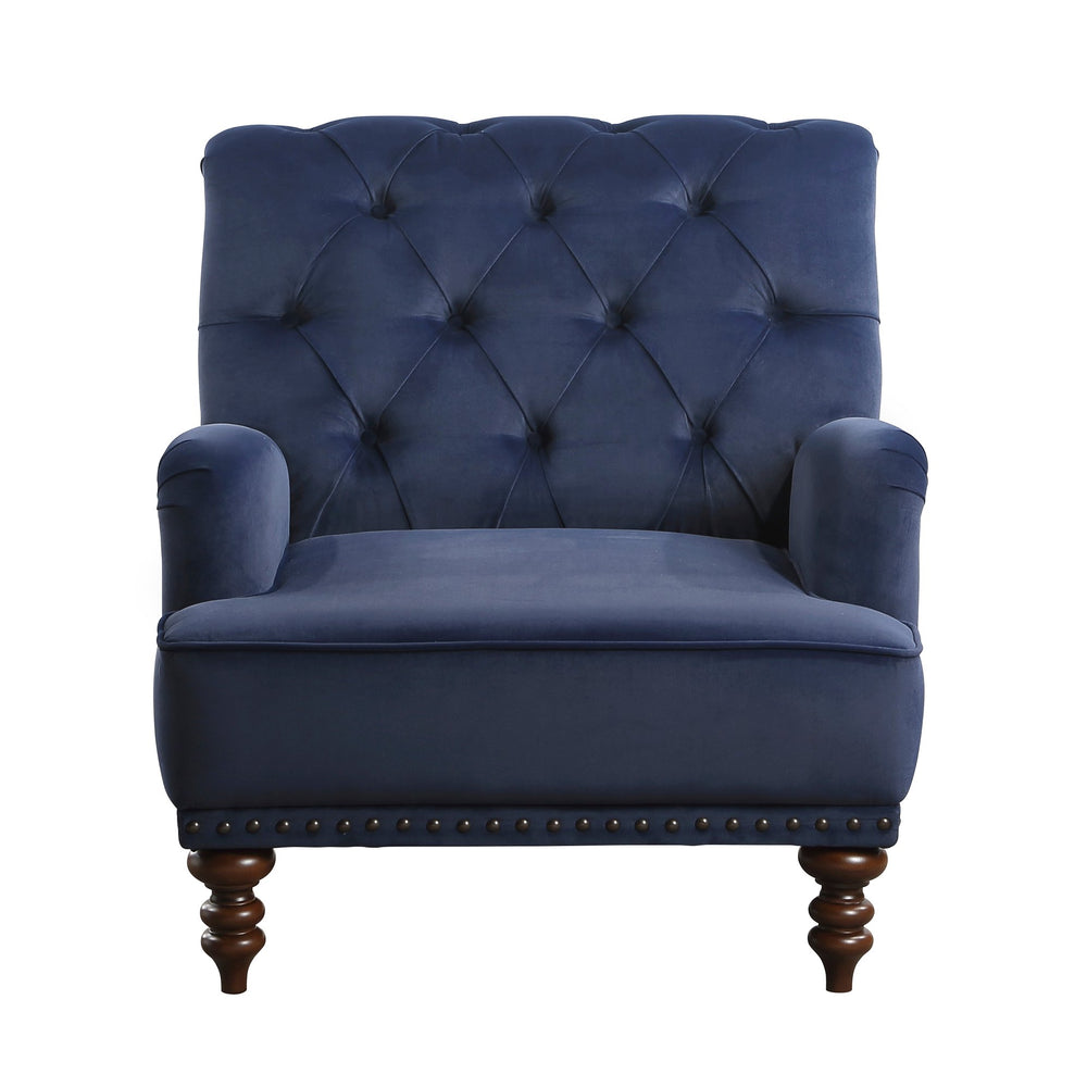 English Elm Luxurious Holland Park Button Tufted Velvet Accent Chair with Turned Legs and Nailhead Trim, Elegant Blue 34 L x 36.25 W x 31.75 H B011126019