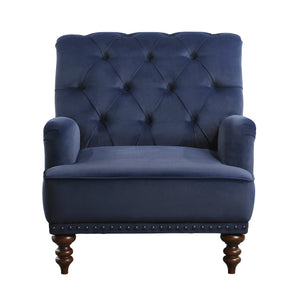English Elm Luxurious Holland Park Button Tufted Velvet Accent Chair with Turned Legs and Nailhead Trim, Elegant Blue 34 L x 36.25 W x 31.75 H B011126019
