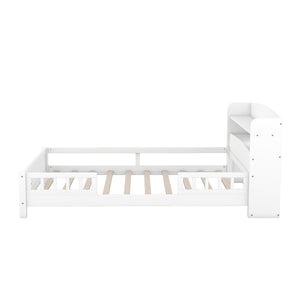 English Elm Wood Full Size Platform Bed with LED Headboard Light, Built-In Storage and Guardrails, Sturdy Pine Frame White GX001023AAK