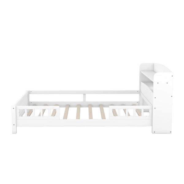 English Elm Wood Full Size Platform Bed with LED Headboard Light, Built-In Storage and Guardrails, Sturdy Pine Frame White GX001023AAK
