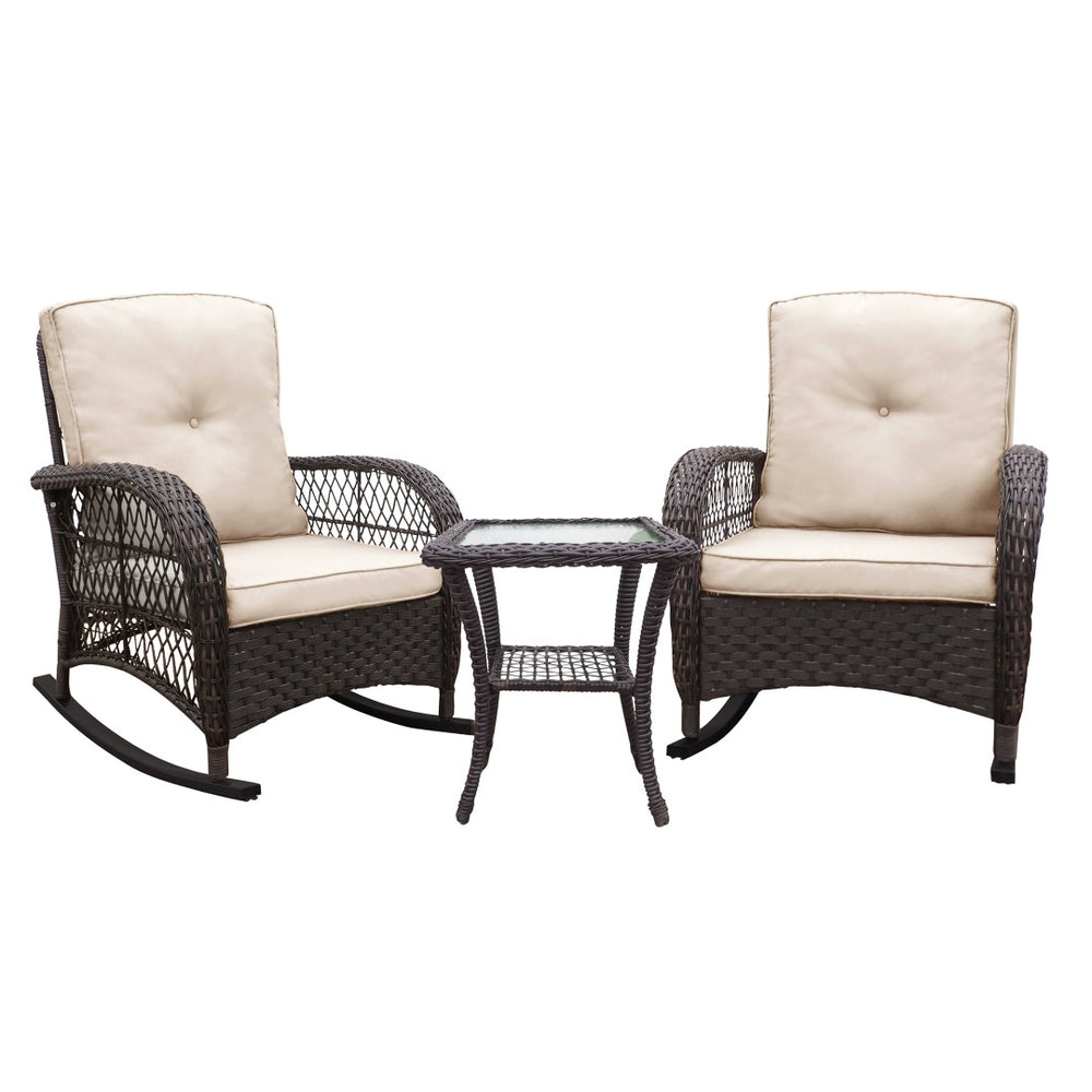 English Elm 3 Piece Outdoor Wicker Rocking Bistro Set with Glass Top Table for Patio Porch W1889111346