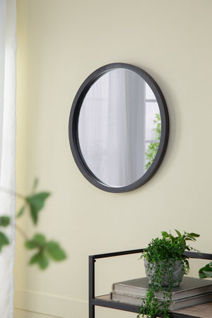 English Elm 19.5" Round Iron Wall Mirror with Rope Strap Hanger for Bathroom or Entryway Black W2078124341
