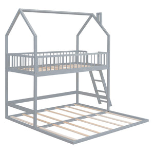 Hearth and Haven Sophiagra Twin over Twin House Bunk Bed with Extending Trundle and Ladder, Grey