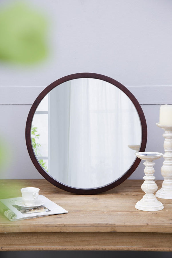 English Elm 19.5" Round Iron Wall Mirror with Rope Strap Hanger for Bathroom or Entryway Brown W2078124339