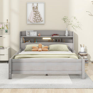 English Elm Wood Full Size Platform Bed with LED Headboard Light, Built-In Storage and Guardrails, Sturdy Pine Frame Antique Gray GX001023AAE