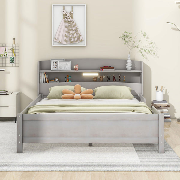 English Elm Wood Full Size Platform Bed with LED Headboard Light, Built-In Storage and Guardrails, Sturdy Pine Frame Antique Gray GX001023AAE