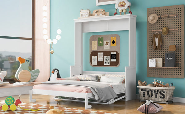 English Elm Queen Murphy Bed with Shelf — Space-Saving Wall Bed, Pine/MDF Construction, 600lb Capacity, Desk Surface White GX000350AAK