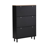 English Elm Narrow Design Tipping Bucket Shoe Cabinet With 3 Flip Drawers, Wood Grain Pattern Top Entryway Organizer With 3 Hooks, Free Standing Shoe Rack With Adjustable Panel For Hallway, Black