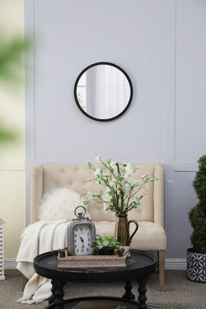 English Elm 19.5" Round Iron Wall Mirror with Rope Strap Hanger for Bathroom or Entryway Black W2078124341