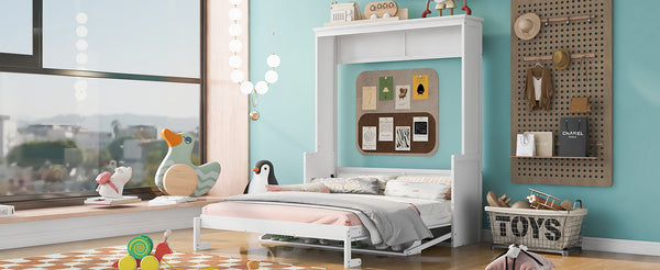 English Elm Queen Murphy Bed with Shelf — Space-Saving Wall Bed, Pine/MDF Construction, 600lb Capacity, Desk Surface White GX000350AAK