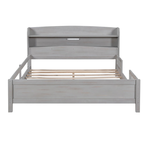 English Elm Wood Full Size Platform Bed with LED Headboard Light, Built-In Storage and Guardrails, Sturdy Pine Frame Antique Gray GX001023AAE
