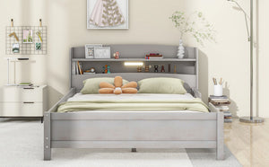 English Elm Wood Full Size Platform Bed with LED Headboard Light, Built-In Storage and Guardrails, Sturdy Pine Frame Antique Gray GX001023AAE