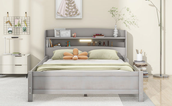 English Elm Wood Full Size Platform Bed with LED Headboard Light, Built-In Storage and Guardrails, Sturdy Pine Frame Antique Gray GX001023AAE