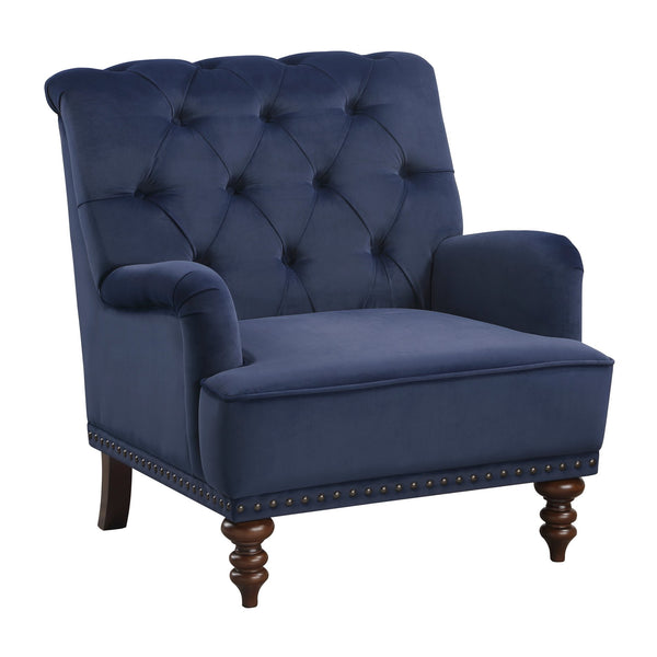 English Elm Luxurious Holland Park Button Tufted Velvet Accent Chair with Turned Legs and Nailhead Trim, Elegant Blue 34 L x 36.25 W x 31.75 H B011126019