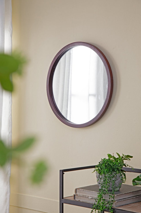 English Elm 19.5" Round Iron Wall Mirror with Rope Strap Hanger for Bathroom or Entryway Brown W2078124339
