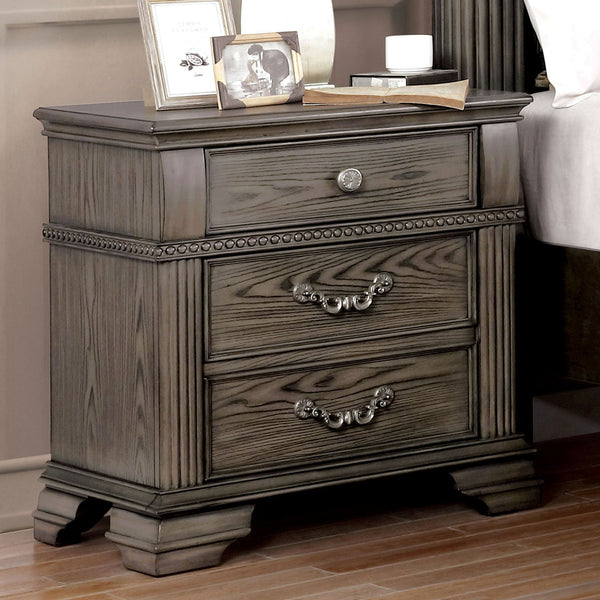 English Elm Gray Elegant Nightstand with Arched Trim and Reeded Posts, Solid Wood 28"W x17"D x29"H, Satin Nickel Hardware B011126022