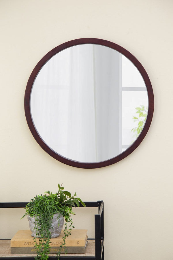 English Elm 19.5" Round Iron Wall Mirror with Rope Strap Hanger for Bathroom or Entryway Brown W2078124339