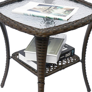 English Elm Outdoor Bistro Set with Pe Wicker Swivel Rockers and Tempered Glass Coffee Table W1889S00002