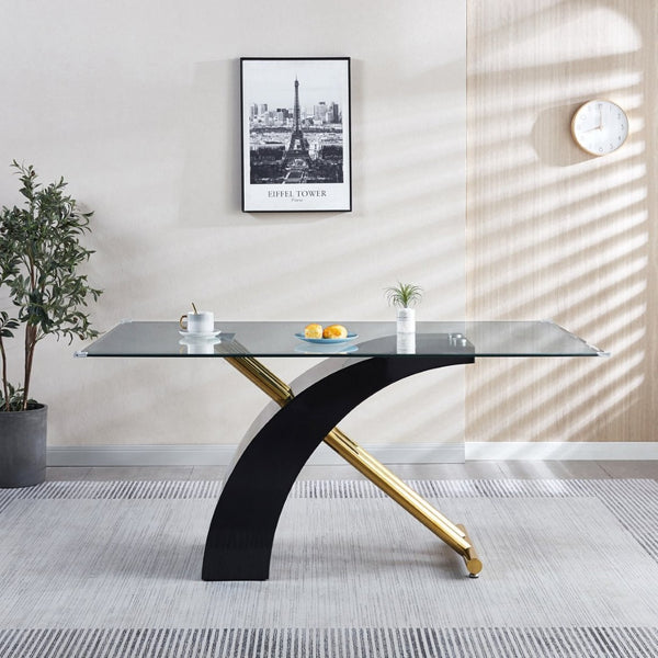 English Elm Stylish Glass Top Dining Table with Chrome Accents and Lacquer Base Seats Six W1311S00011