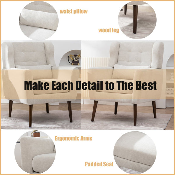 English Elm Modern Accent Chair Chenille Upholstered Foam Seat Ergonomic Padded Lounge Armchair with Wood Legs — Beige, Mid-Century Comfort for Living Room W1028122699