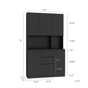 English Elm 74" Freestanding Buffet with Hutch - Black 6-Door Kitchen Pantry Cabinet, 3 Shelves, 2 Drawers, Multipurpose Storage for Laundry, Closet W1321S00005