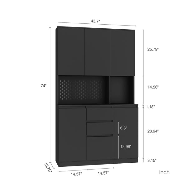 English Elm 74" Freestanding Buffet with Hutch - Black 6-Door Kitchen Pantry Cabinet, 3 Shelves, 2 Drawers, Multipurpose Storage for Laundry, Closet W1321S00005