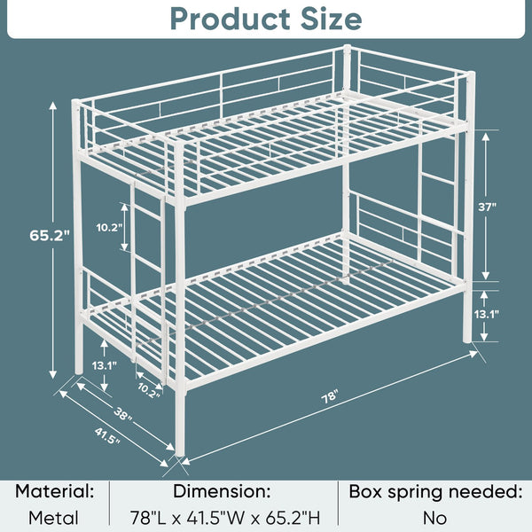 English Elm Twin Twin Over Twin Metal Bunk Bed White Steel Frame with Safety Rails, 2 Ladders, Space-Saving Durable Design W1916115251