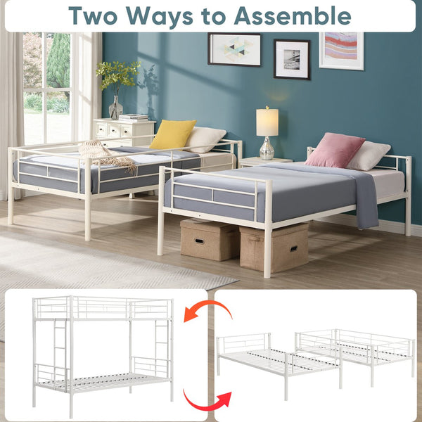 English Elm Twin Twin Over Twin Metal Bunk Bed White Steel Frame with Safety Rails, 2 Ladders, Space-Saving Durable Design W1916115251