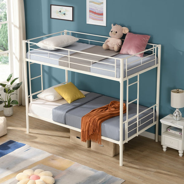 English Elm Twin Twin Over Twin Metal Bunk Bed White Steel Frame with Safety Rails, 2 Ladders, Space-Saving Durable Design W1916115251