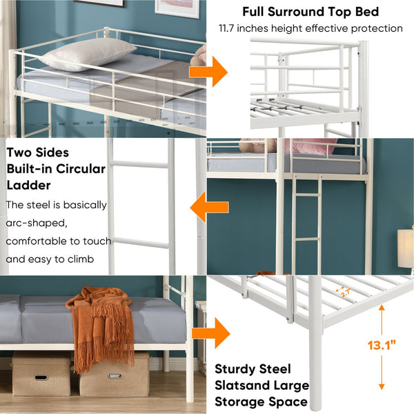 English Elm Twin Twin Over Twin Metal Bunk Bed White Steel Frame with Safety Rails, 2 Ladders, Space-Saving Durable Design W1916115251