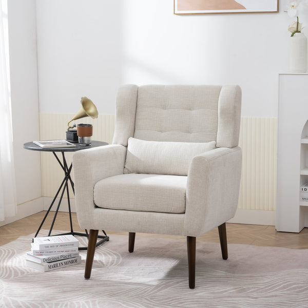 English Elm Modern Accent Chair Chenille Upholstered Foam Seat Ergonomic Padded Lounge Armchair with Wood Legs — Beige, Mid-Century Comfort for Living Room W1028122699