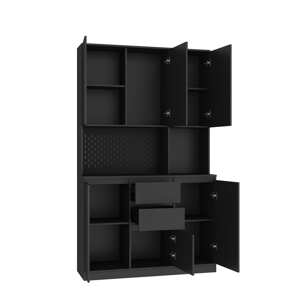 English Elm 74" Freestanding Buffet with Hutch - Black 6-Door Kitchen Pantry Cabinet, 3 Shelves, 2 Drawers, Multipurpose Storage for Laundry, Closet W1321S00005