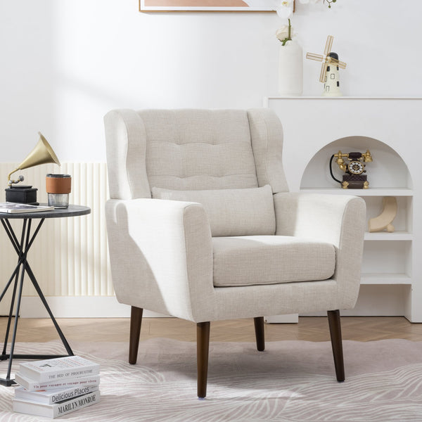 English Elm Modern Accent Chair Chenille Upholstered Foam Seat Ergonomic Padded Lounge Armchair with Wood Legs — Beige, Mid-Century Comfort for Living Room W1028122699