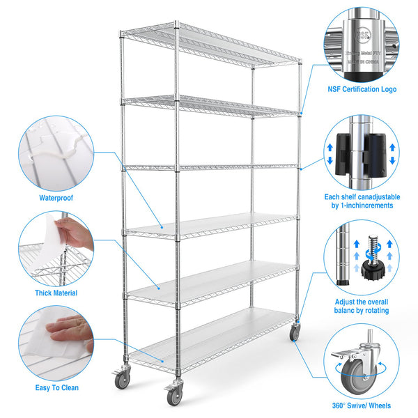 English Elm 6 Tier Wire Shelving Unit - 6000 Lbs Adjustable Metal Garage Storage Rack With Wheels & Liners! W1550119258