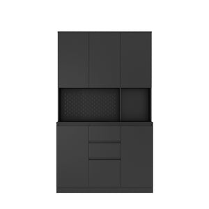 English Elm 74" Freestanding Buffet with Hutch - Black 6-Door Kitchen Pantry Cabinet, 3 Shelves, 2 Drawers, Multipurpose Storage for Laundry, Closet W1321S00005