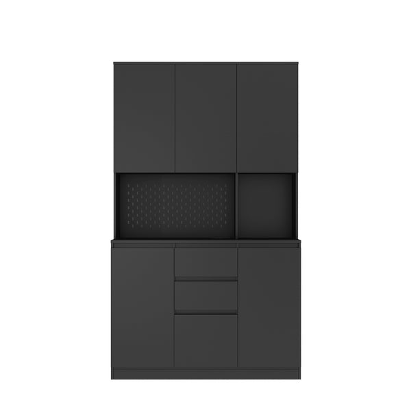English Elm 74" Freestanding Buffet with Hutch - Black 6-Door Kitchen Pantry Cabinet, 3 Shelves, 2 Drawers, Multipurpose Storage for Laundry, Closet W1321S00005
