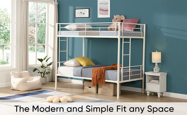 English Elm Twin Twin Over Twin Metal Bunk Bed White Steel Frame with Safety Rails, 2 Ladders, Space-Saving Durable Design W1916115251