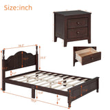 English Elm 3-Pieces Bedroom Sets,Full Size Wood Platform Bed and Two Nightstands-Dark Walnut