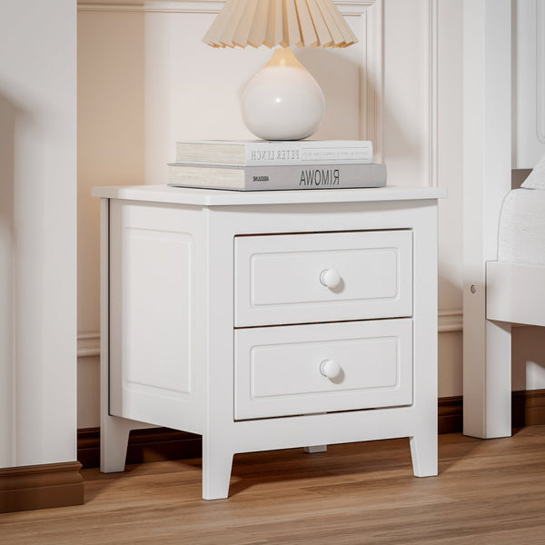 English Elm 2-Drawer Nightstand with Mid-Century Retro Style, Weathered Finish, Space-Saving Bedside Table with Storage White 23.03 L x 21.73 W x 8.27 H WF308187AAK